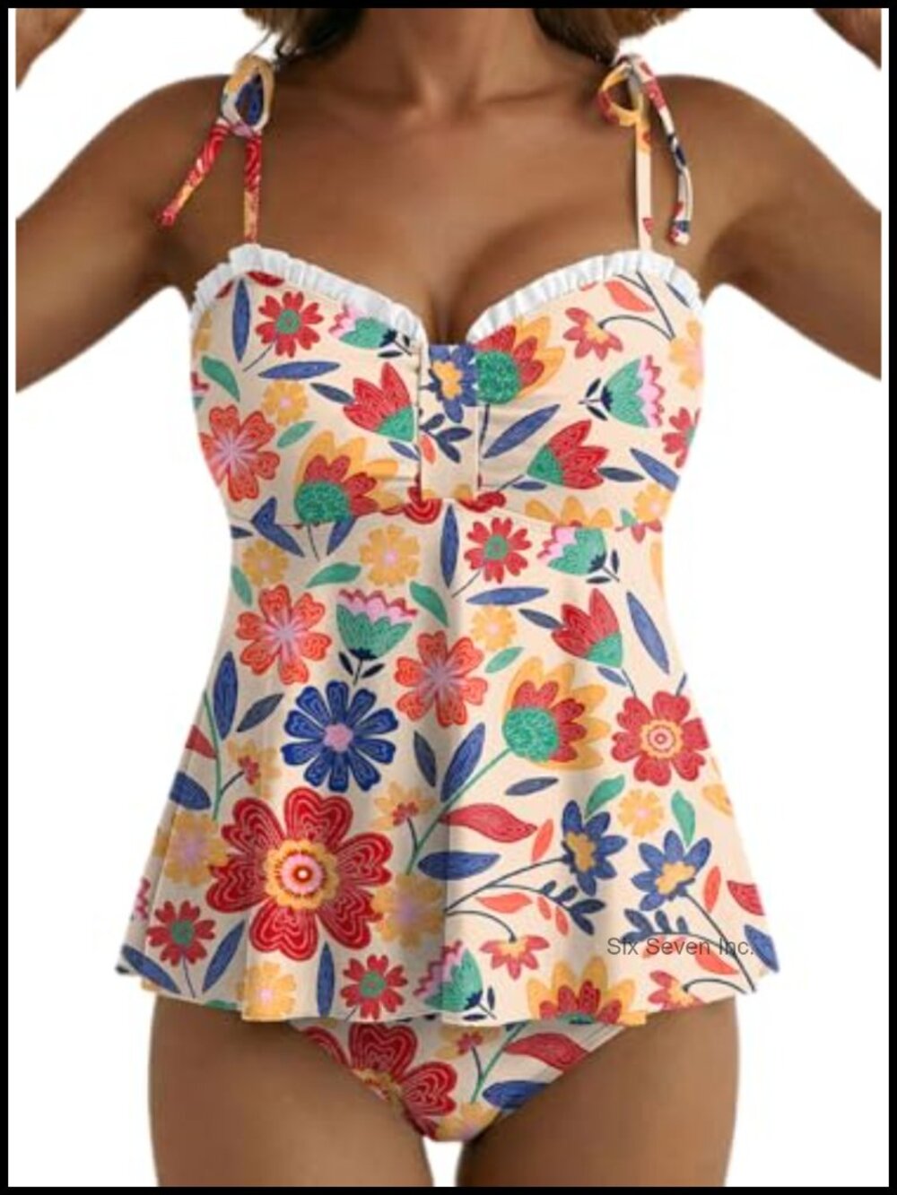 Two Piece Tankini Set Ruffle Tie Knot High Waist Tummy Control Swimwear